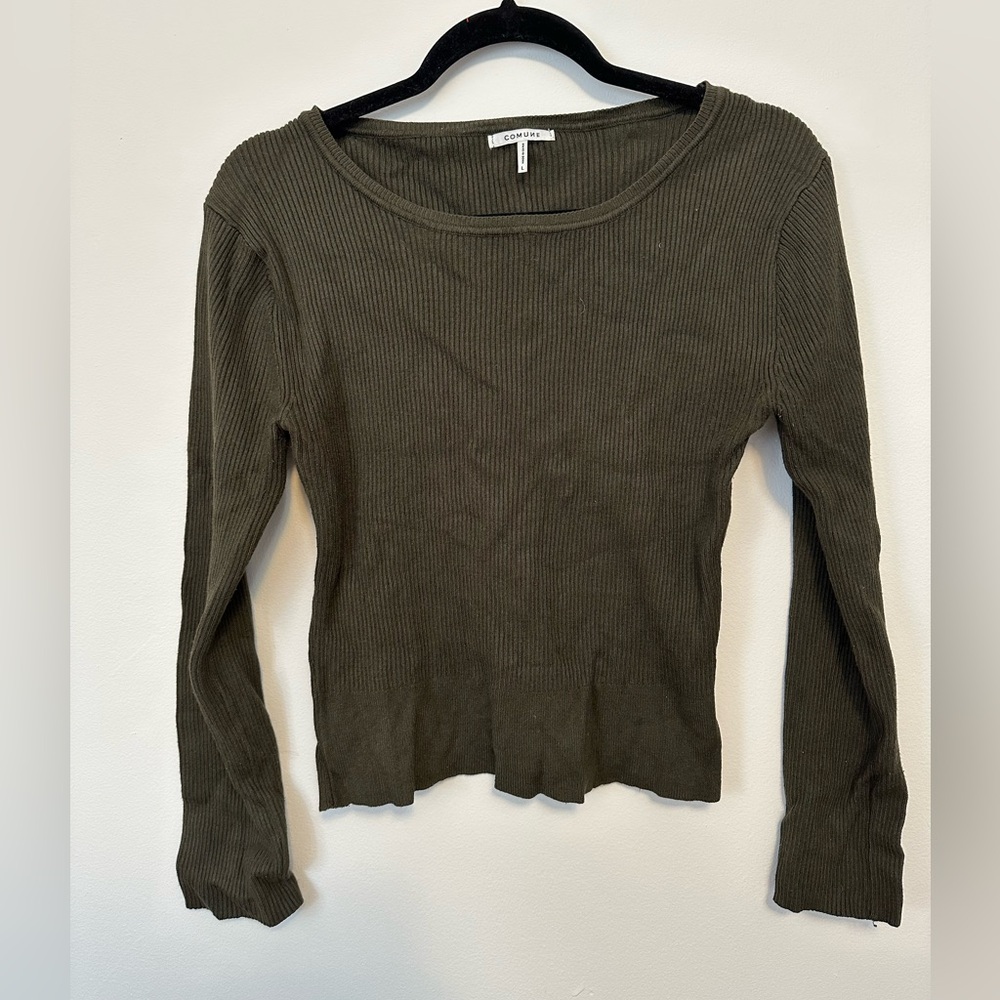 Dark Olive Green Ribbed Long Sleeve Top